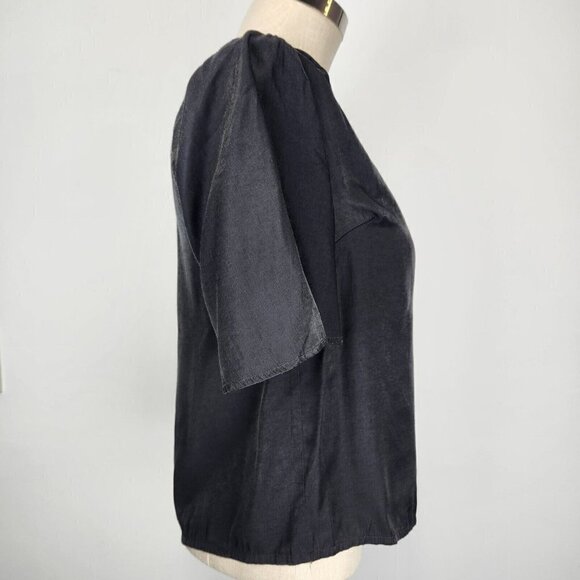 Frank And Oak Button Front Blouse Womens M Black V-Neck Flutter Short Sleeve - Picture 4 of 8